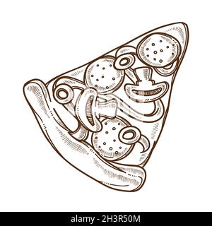 Italian pizza with mushrooms and salami sausage isolated sketch Stock Vector