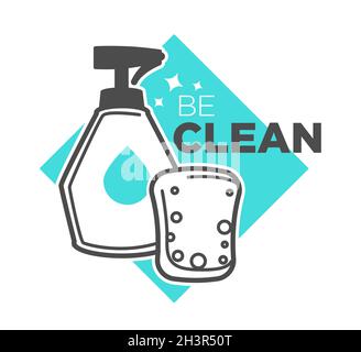 Spray bottle and sponge, house cleaning service isolated icon Stock Vector