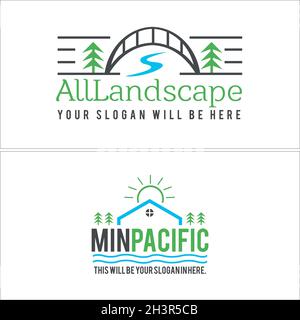 Landscape nature outdoor flat line art bridge home logo design Stock Vector
