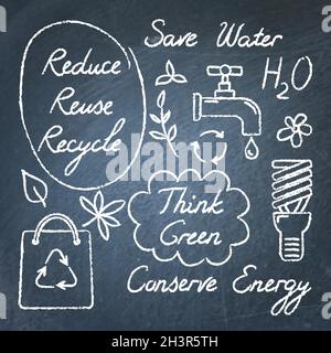Set of hand drawn ecology icons and lettering on chalkboard. Reduce Reuse Recycle, Save water, Think green, Conserve Energy Stock Vector