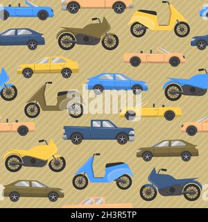 Flat style seamless pattern with cars and motorbikes. Different urban transport on striped background. Stock Vector