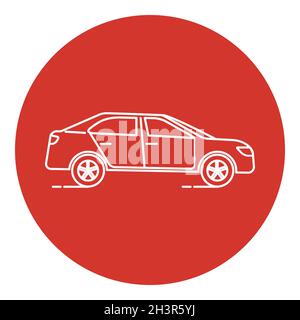 Line art style sedan car icon with round frame. Classic car contour illustration. Stock Vector
