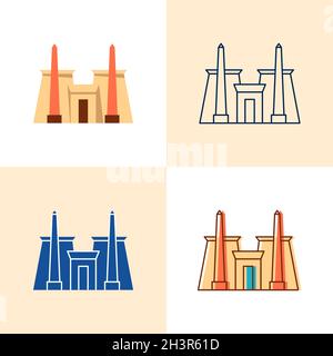 Karnak temple icon set in flat and line style. Famous Luxor ancient complex symbol. Vector illustration. Stock Vector