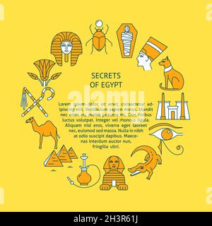 Round banner with Egypt icons in colored line style. Pharaoh, Sphinx and pyramids national symbols. Vector illustration with place for text. Stock Vector