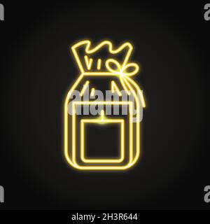 Candle in gift pack icon in neon line style. Light source symbol. Home interior decor. Vector illustration. Stock Vector