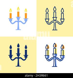 Candelabrum icon set in flat and line style. Chandelier with burning candle sticks symbol. Home interior decor. Vector illustration. Stock Vector