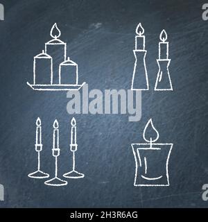 Chalkboard candle icons set in line style. Light source with burning flame signs. Home interior decor symbols sketch on blackboard. Vector illustratio Stock Vector