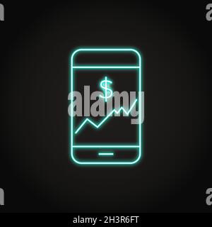 Smartphone with chart icon in neon line style. Mobile phone with growing graph and dollar symbol. Financial vector illustration. Stock Vector