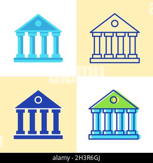 Bank icon set in flat and line style. Classical building in greek temple style symbol. Vector illustration. Stock Vector