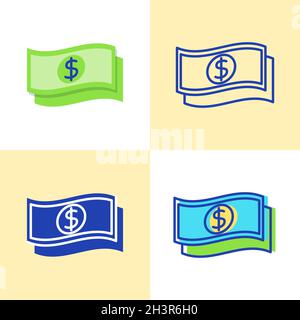 Dollar banknote icon set in flat and line style. Finance and money symbol. Vector illustration. Stock Vector