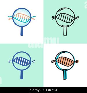DNA spiral research icon set in flat and line style. Genetics science symbols. Vector illustration. Stock Vector