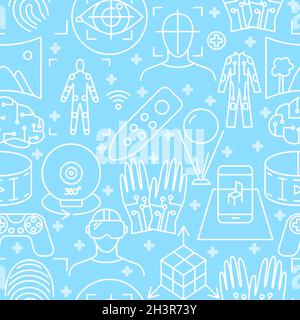 Virtual reality seamless pattern in line style. Modern computer technology symbols background. Vector illustration. Stock Vector