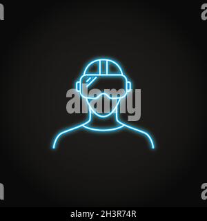 Man in virtual reality headset icon in neon style. Modern computer technology symbol. Vector illustration. Stock Vector