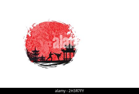 Active tae kwon do martial arts fighters combat fighting and kicking sport silhouettes illustration Stock Vector