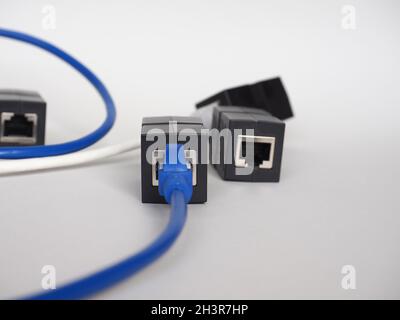 ethernet rj45 lan cable socket and plug for high speed network communications Stock Photo