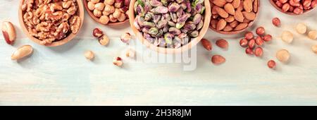 Nuts panorama on a wooden background with a place for text Stock Photo