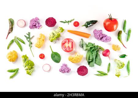 Fresh vegetables overhead flat lay composition on a white background Stock Photo