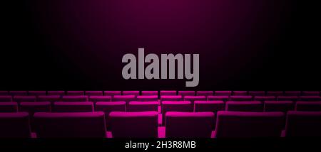 Cinema movie theatre with pink seats rows and a black background. Horizontal banner Stock Photo