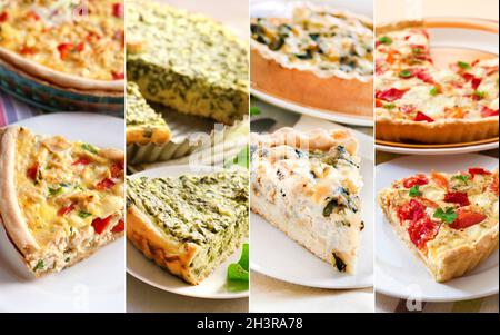 Collage of vegetable tarts cut on slices Stock Photo