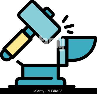 Sledgehammer on anvil icon. Outline sledgehammer on anvil vector icon color flat isolated Stock Vector