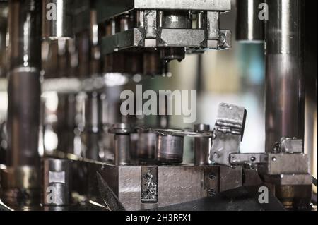Hydraulic press stamping machine for forming metal sheet, Industrial metalwork manufacturing Stock Photo