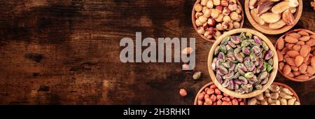 Nut panorama, overhead flat lay shot with copy space Stock Photo