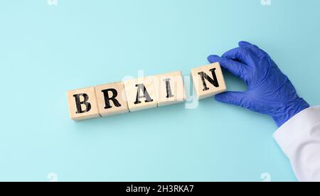 Wooden cubes with the inscription Brain on a blue background. Altzheimer's disease concept Stock Photo