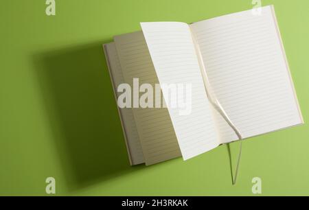 Open notebook with blank white sheets on green background Stock Photo