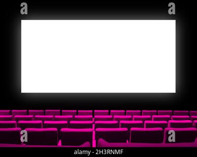 Cinema movie theatre with pink seats and a blank white screen Stock Photo