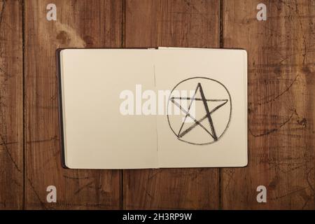 An overhead photo of an open grimoire with copy space Stock Photo