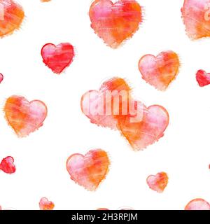 Seamless pattern of watercolor hearts on white, Valentine print Stock Photo