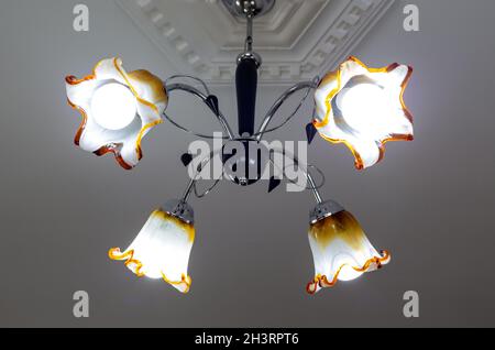 The four-armed ceiling lamp is made of glass in the shape of a flower. All four lights are on. Stock Photo