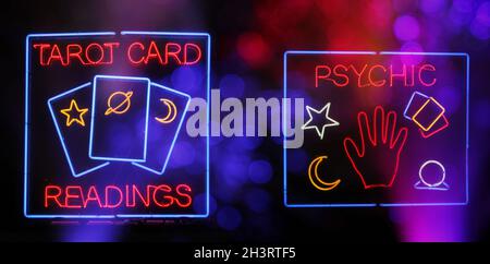 Tarot Card and Psychic Readings Neon Sign Composite Photograph Stock Photo