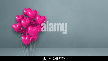Pink balloons bunch on a grey wall background. Horizontal banner. 3D ...
