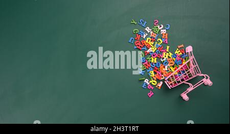 Scattered multicolored letters of the english alphabet from a miniature shopping cart on a green background Stock Photo