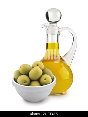 Green natural olives and decanter with olive oil isolated on a white ...