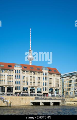 City view of Berlin with television tower in background seen from Spree river Stock Photo