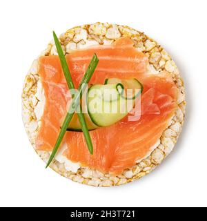 Rice cakes with cream cheese, fresh salmon and cucumber Stock Photo