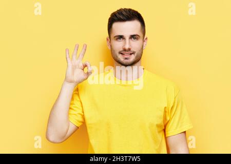 Smiling handsome man doing ok sign with hand and fingers Stock Photo