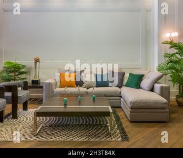 Comfortable gray sofa with colorful cushions placed near table on rug in spacious modern room with armchairs and green potted plants