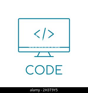 Blue coding line icon. Code on the PC monitor. Software development symbol. Programming occupation. IT industry sign. Digital industry. Vector Stock Vector