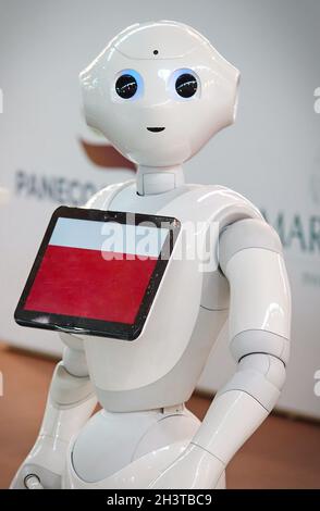 "Pepper" robot assistant with information screen in duty to give information. Milan, Italy - October 2021 Stock Photo