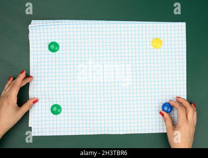 Two female hands fix a white blank sheet of paper in a box on a magnetic board Stock Photo