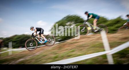 Mountain Bike racers at Nationals. Newnham Park, Plymouth, Devon, England, UK, GB, Europe. Stock Photo