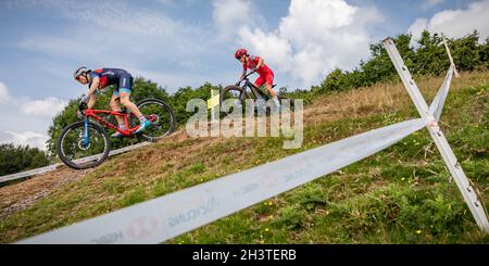 Mountain Bike racers at Nationals. Newnham Park, Plymouth, Devon, England, UK, GB, Europe. Stock Photo