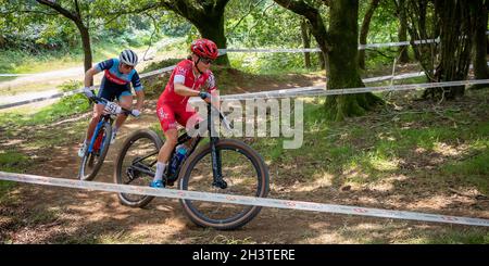 Mountain Bike racers at Nationals. Newnham Park, Plymouth, Devon, England, UK, GB, Europe. Stock Photo