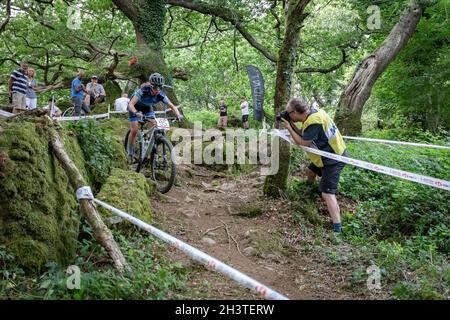 Mountain Bike racers at Nationals. Newnham Park, Plymouth, Devon, England, UK, GB, Europe. Stock Photo