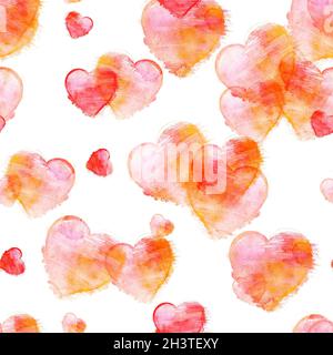 Seamless pattern of watercolor hearts on white, Valentine print Stock Photo