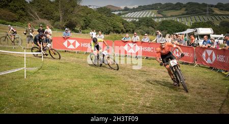 Mountain Bike racers at Nationals. Newnham Park, Plymouth, Devon, England, UK, GB, Europe. Stock Photo