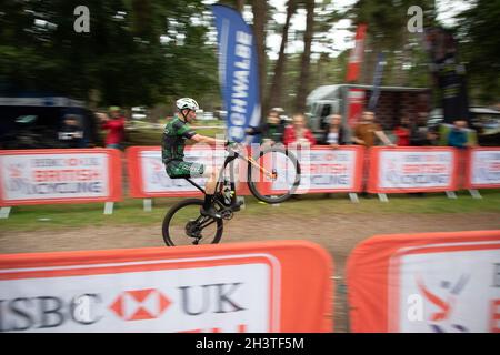 Mountain bike racers in national points series race, Cannock Chase, Staffordshire, England, UK, GB, Europe. Stock Photo